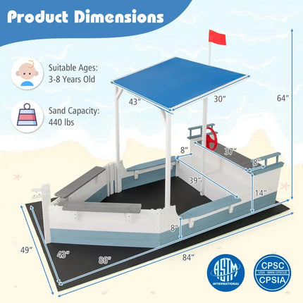 Pirate Ship Sandbox with Canopy with Bench Seats and Bottom Liner-White - White - Sandboxes