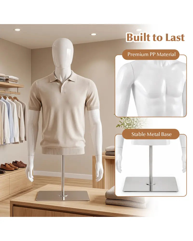 Plastic Half Body Head Turn Male Mannequin with Base - White - Home Accessories