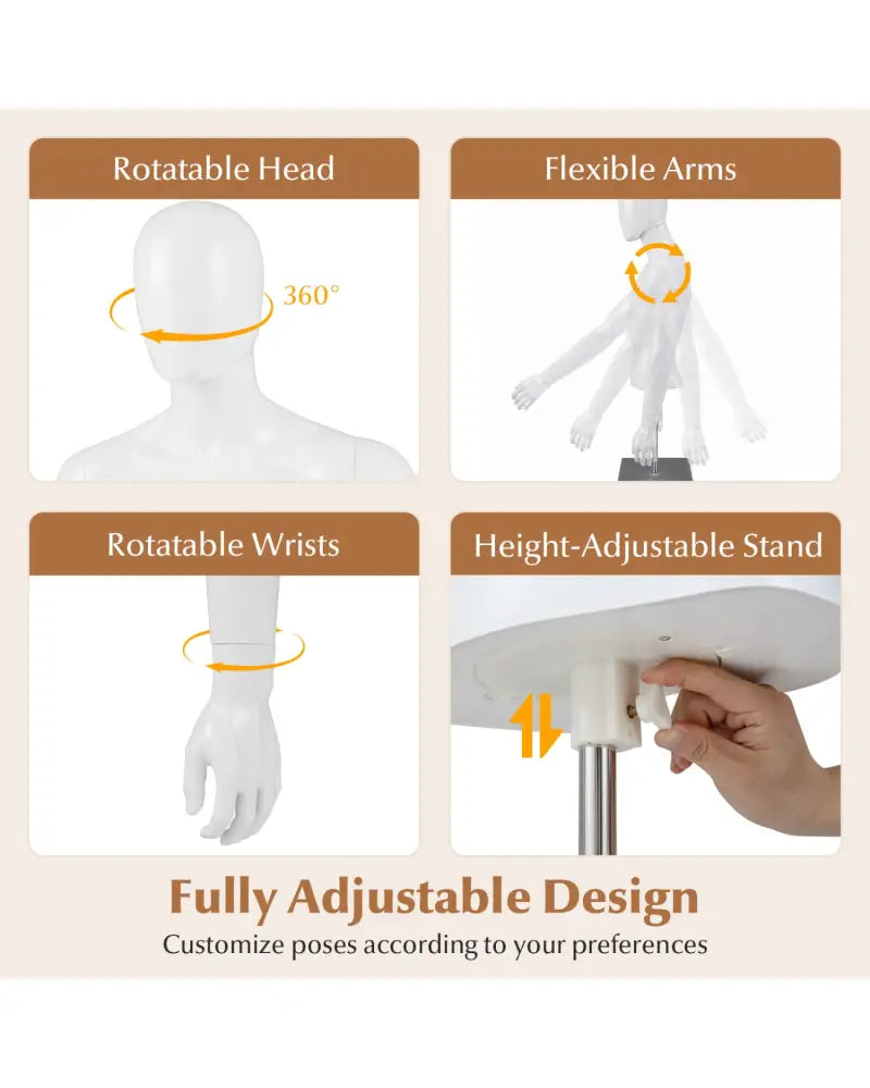 Plastic Half Body Head Turn Male Mannequin with Base - White - Home Accessories
