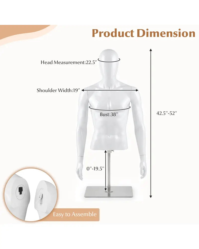 Plastic Half Body Head Turn Male Mannequin with Base - White - Home Accessories