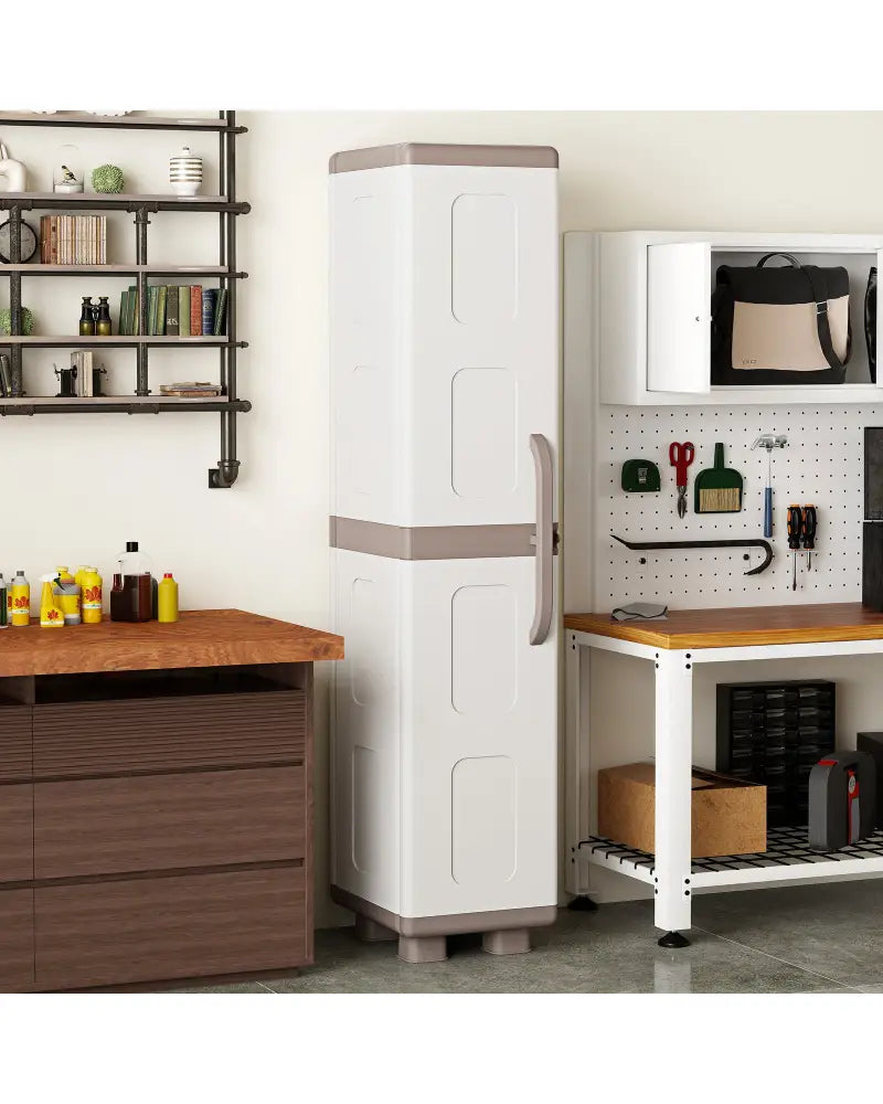 Plastic Kitchen Pantry with 4 Adjustable Shelves and Single Door for Living Room and Kitchen-Beige - Beige - Sideboards