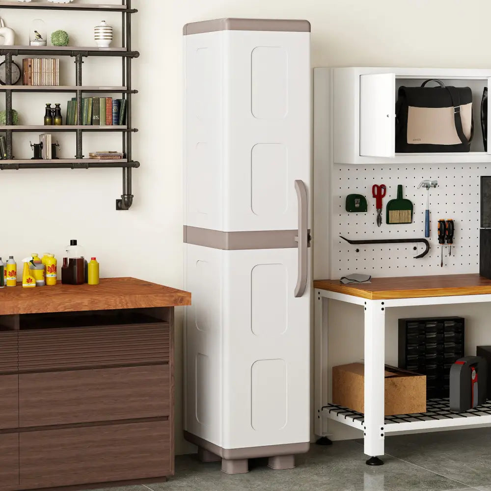 Plastic Kitchen Pantry with 4 Adjustable Shelves and Single Door for Living Room and Kitchen-Beige - Beige - Sideboards
