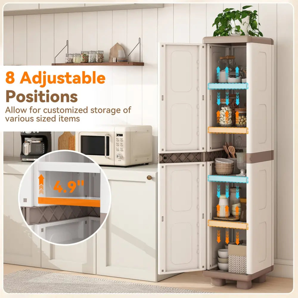 Plastic Kitchen Pantry with 4 Adjustable Shelves and Single Door for Living Room and Kitchen-Beige - Beige - Sideboards