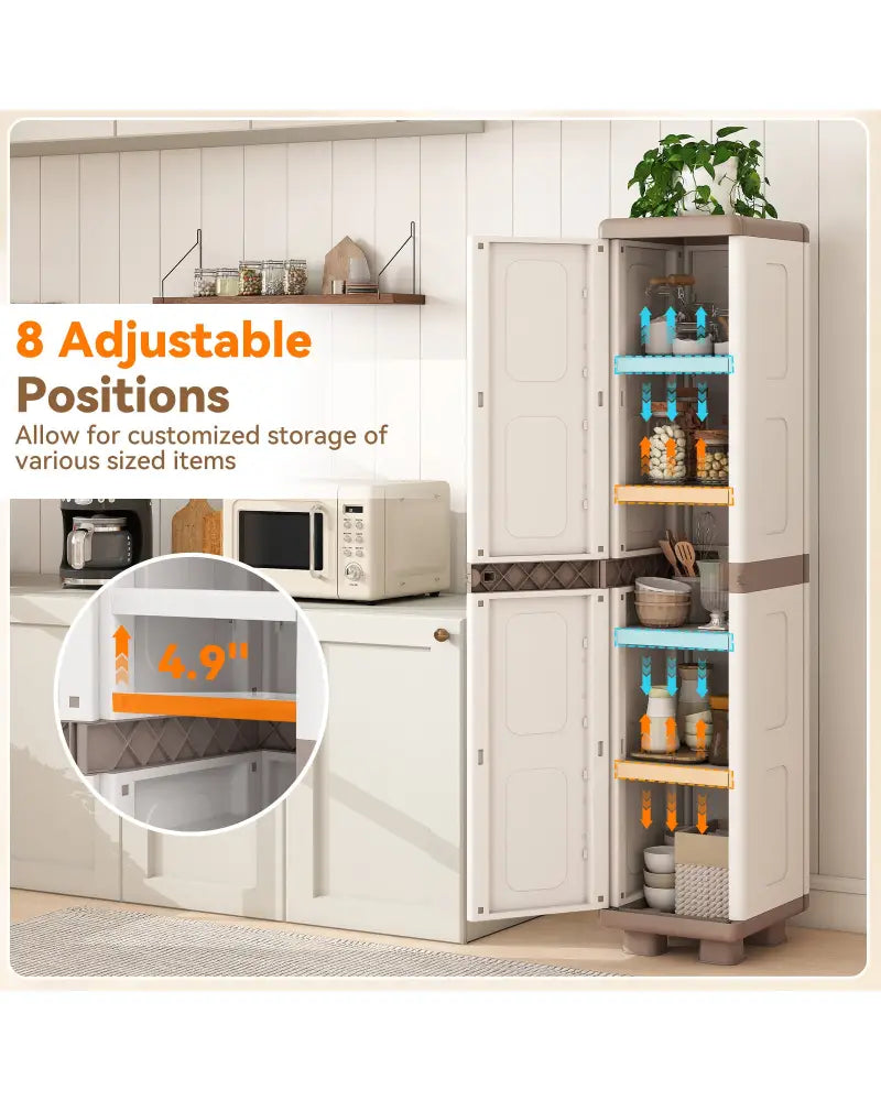 Plastic Kitchen Pantry with 4 Adjustable Shelves and Single Door for Living Room and Kitchen-Beige - Beige - Sideboards