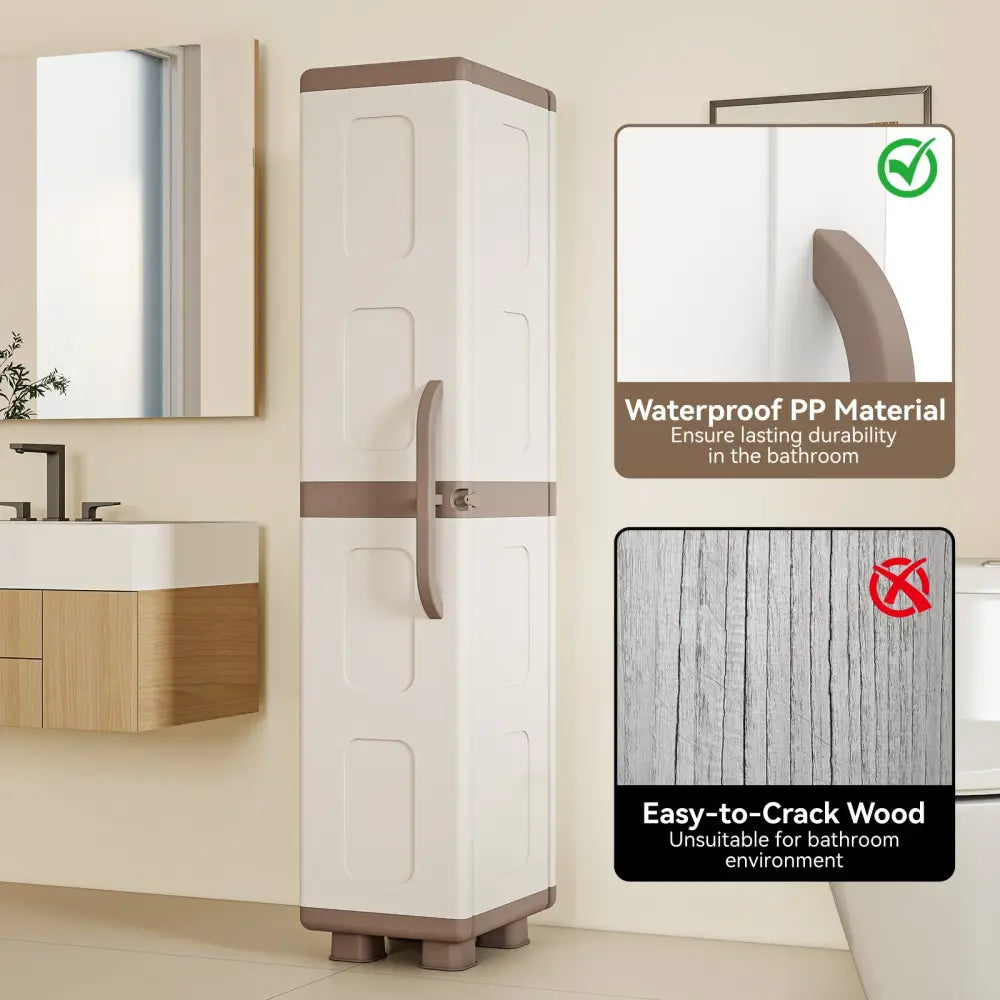Plastic Kitchen Pantry with 4 Adjustable Shelves and Single Door for Living Room and Kitchen-Beige - Beige - Sideboards