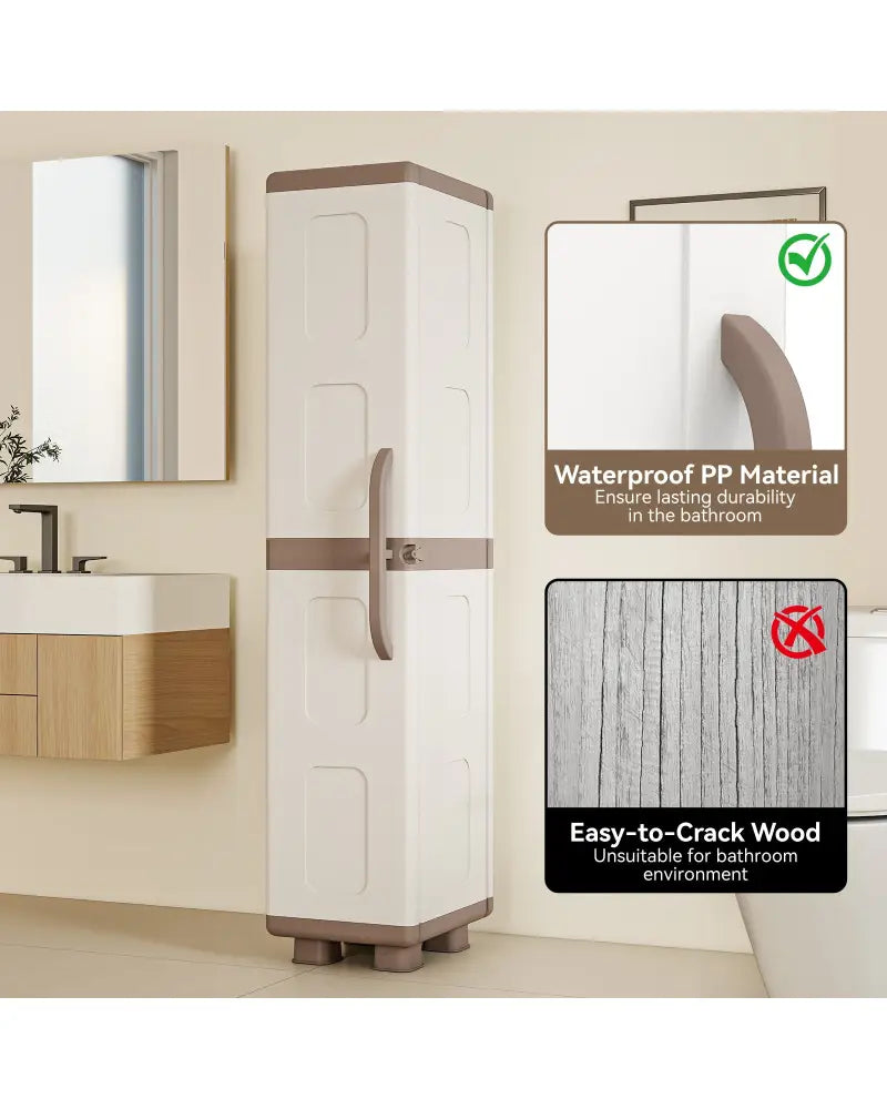Plastic Kitchen Pantry with 4 Adjustable Shelves and Single Door for Living Room and Kitchen-Beige - Beige - Sideboards