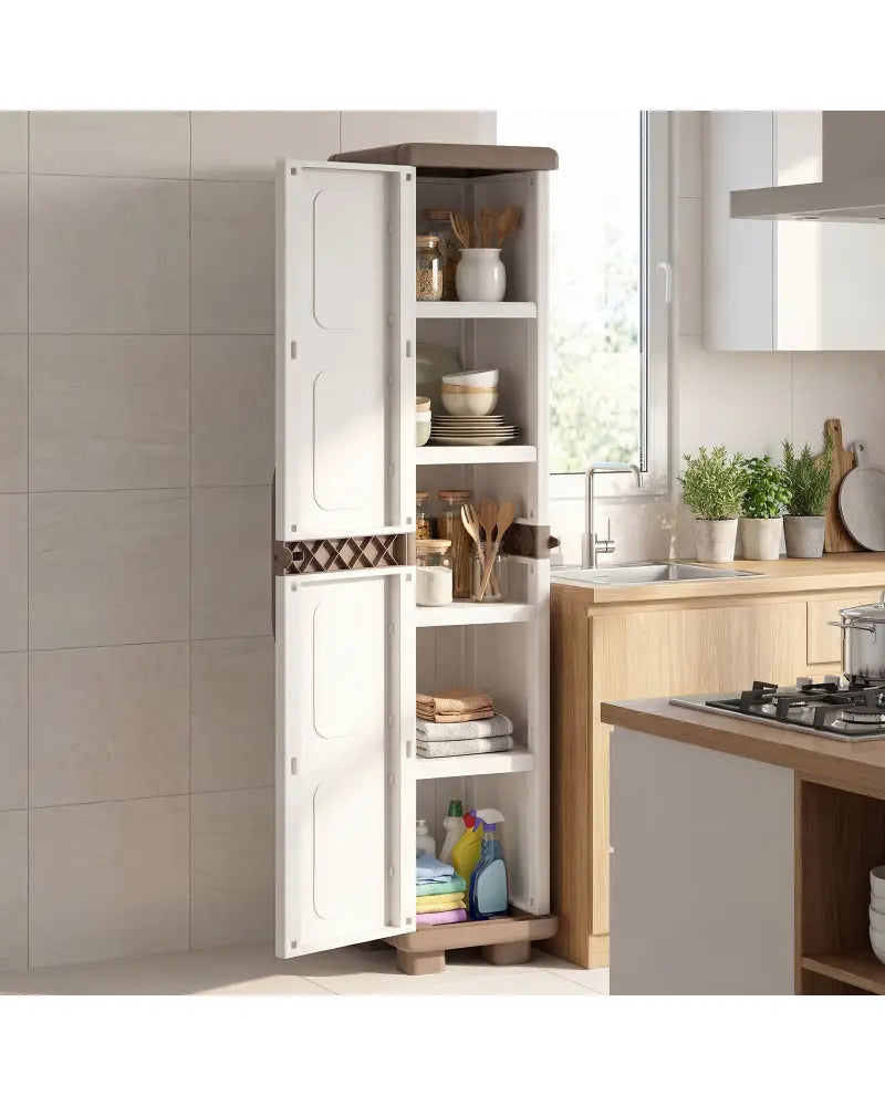 Plastic Kitchen Pantry with 4 Adjustable Shelves and Single Door for Living Room and Kitchen-Beige - Beige - Sideboards