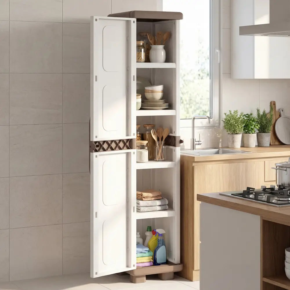 Plastic Kitchen Pantry with 4 Adjustable Shelves and Single Door for Living Room and Kitchen-Beige - Beige - Sideboards