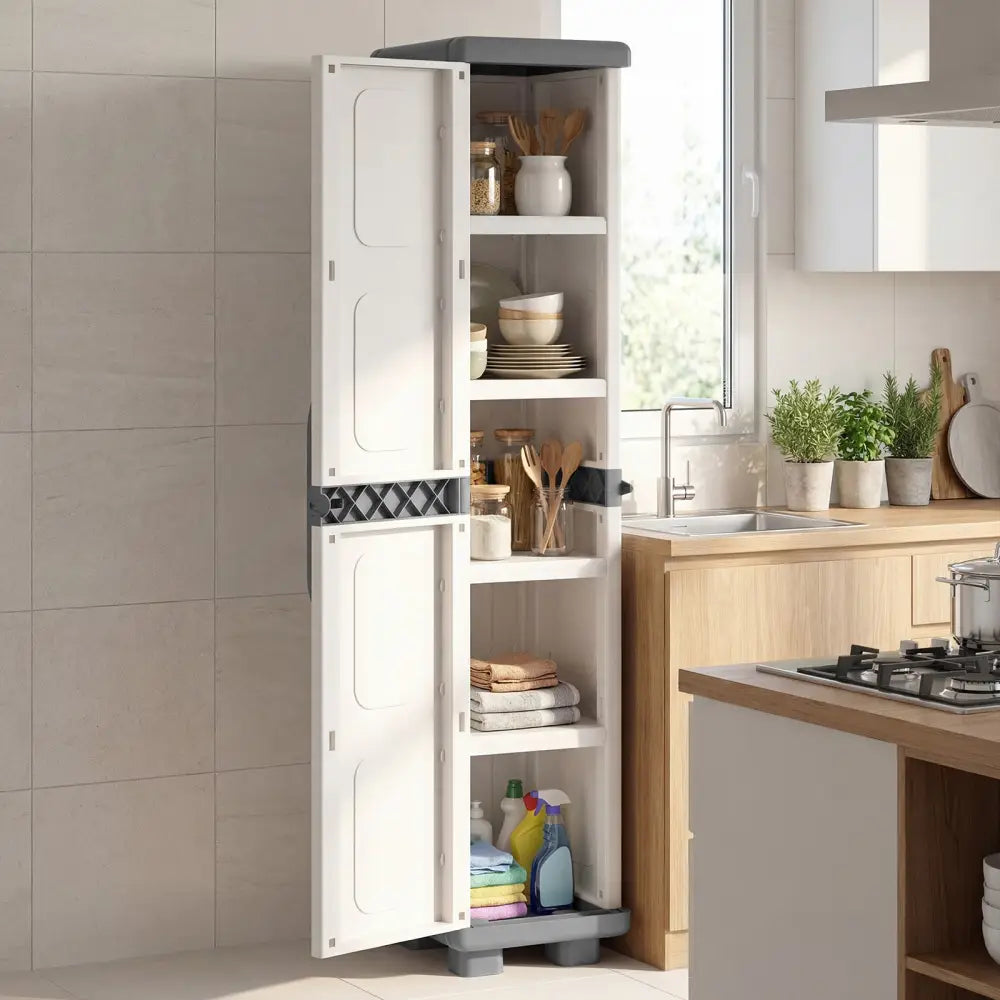 Plastic Kitchen Pantry with 4 Adjustable Shelves and Single Door for Living Room and Kitchen-Gray - Gray - Sideboards