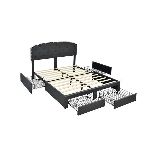 Platform Bed Frame with Adjustable Headboard and 4 Storage Drawers - Gray - Simple Bed Frame