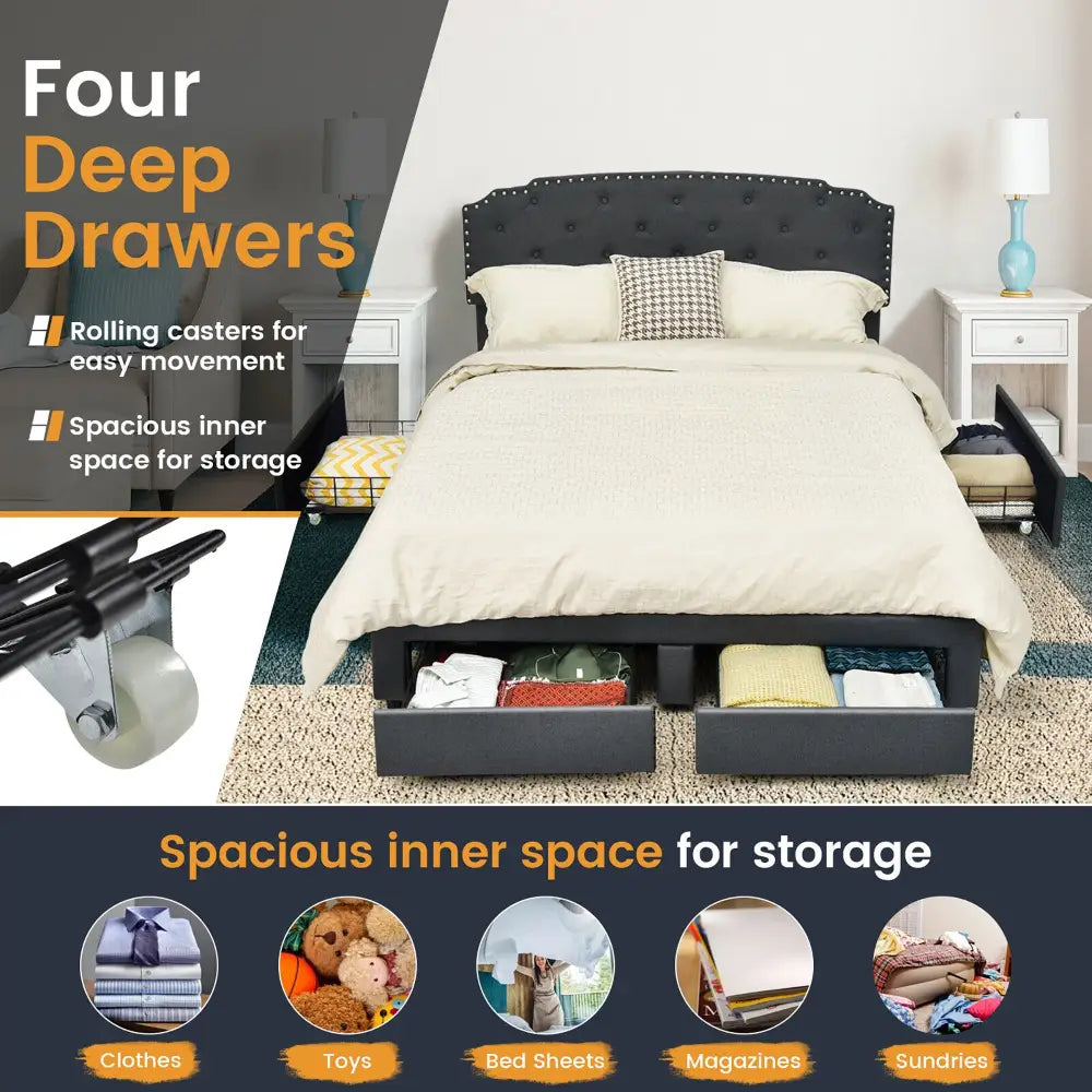 Platform Bed Frame with Adjustable Headboard and 4 Storage Drawers - Gray - Simple Bed Frame