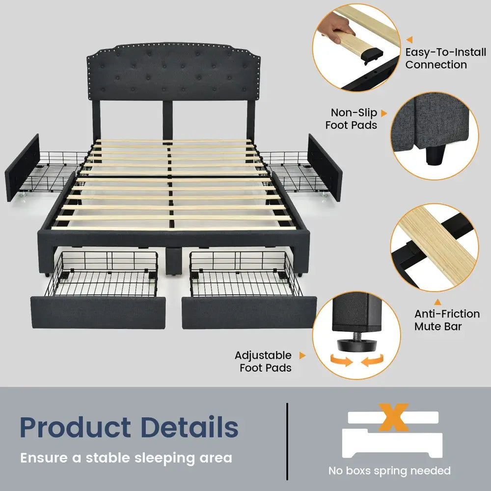 Platform Bed Frame with Adjustable Headboard and 4 Storage Drawers - Gray - Simple Bed Frame