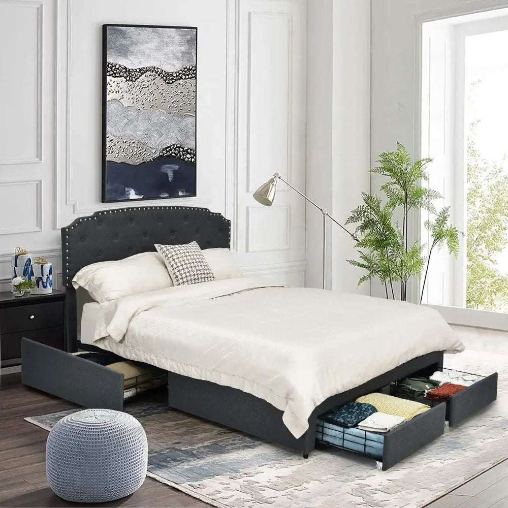 Platform Bed Frame with Adjustable Headboard and 4 Storage Drawers - Gray - Simple Bed Frame