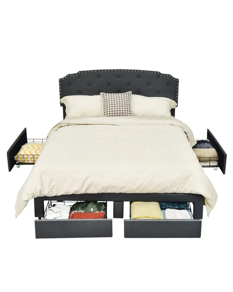 Platform Bed Frame with Adjustable Headboard and 4 Storage Drawers - Gray - Simple Bed Frame