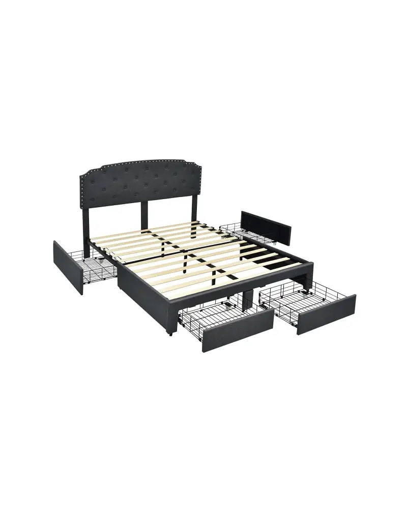 Platform Bed Frame with Adjustable Headboard and 4 Storage Drawers - Gray - Simple Bed Frame