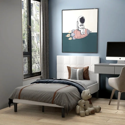 Platform Bed with Button Tufted Headboard-Beige - Beige - Simple Bed Frame