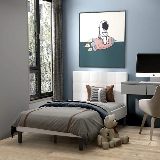 Platform Bed with Button Tufted Headboard-Beige - Beige - Simple Bed Frame