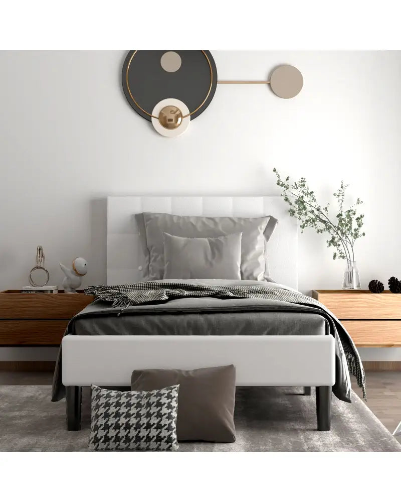 Platform Bed with Button Tufted Headboard-Beige - Beige - Simple Bed Frame