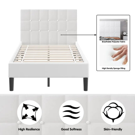 Platform Bed with Button Tufted Headboard-Beige - Beige - Simple Bed Frame