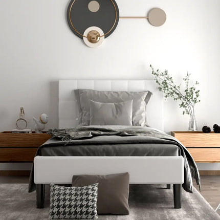 Platform Bed with Button Tufted Headboard-Beige - Beige - Simple Bed Frame