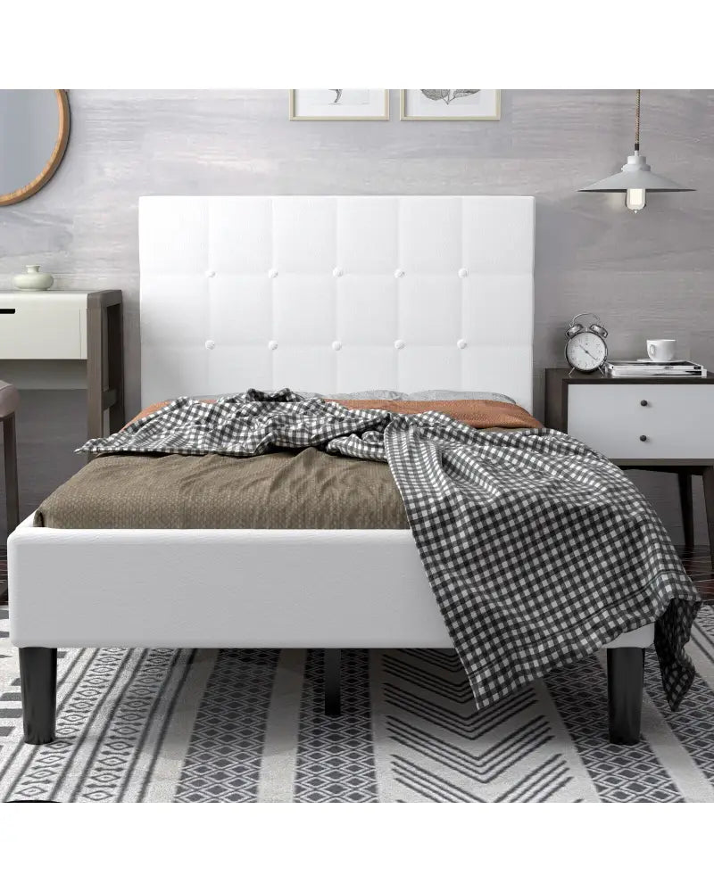 Platform Bed with Button Tufted Headboard-Beige - Beige - Simple Bed Frame