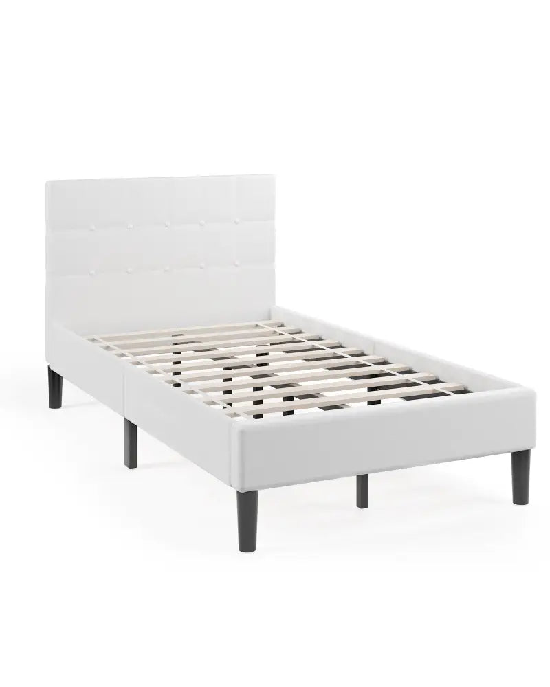 Platform Bed with Button Tufted Headboard-Beige - Beige - Simple Bed Frame