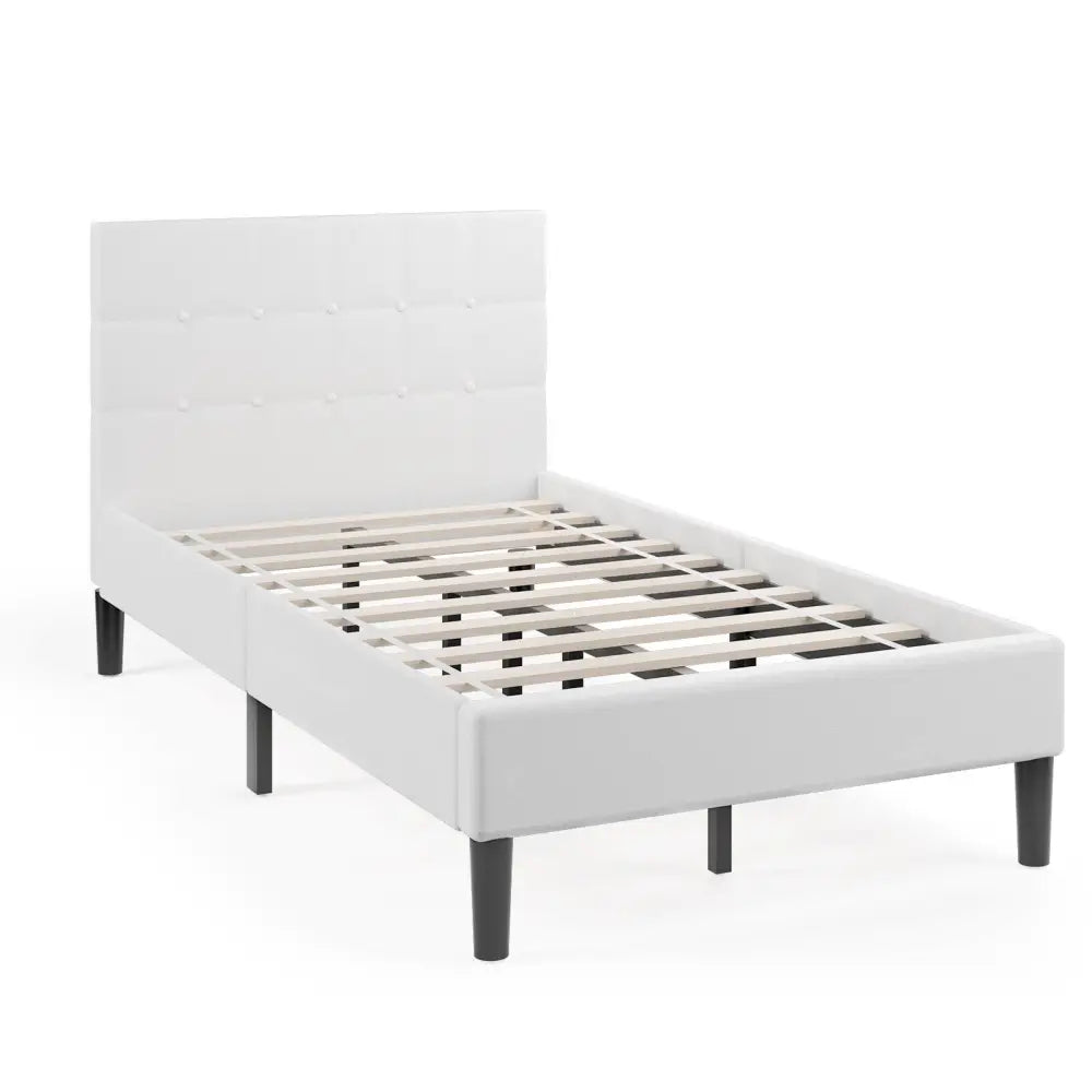 Platform Bed with Button Tufted Headboard-Beige - Beige - Simple Bed Frame