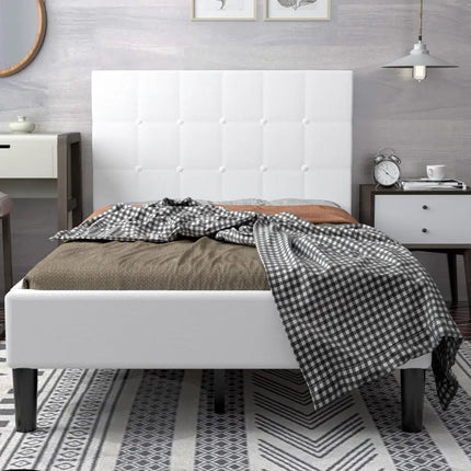 Platform Bed with Button Tufted Headboard-Beige - Beige - Simple Bed Frame