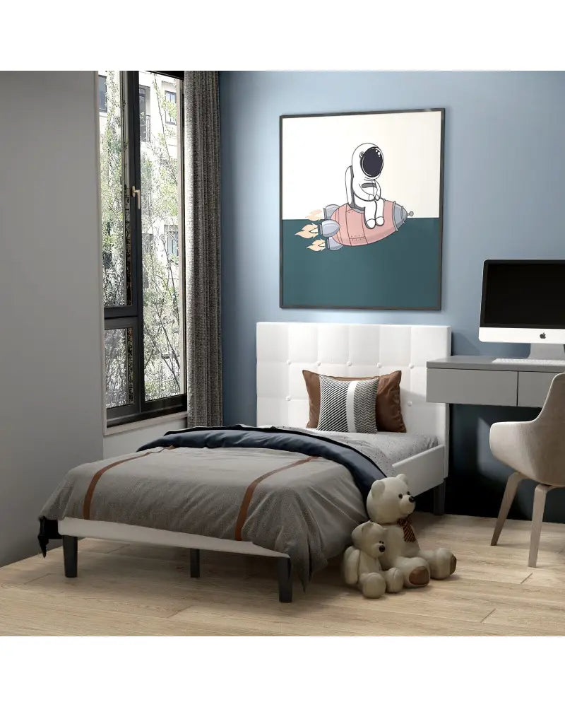 Platform Bed with Button Tufted Headboard-Beige - Beige - Simple Bed Frame