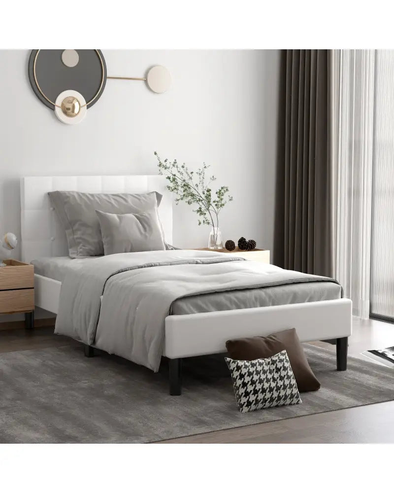 Platform Bed with Button Tufted Headboard-Beige - Beige - Simple Bed Frame