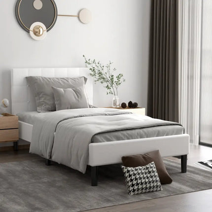 Platform Bed with Button Tufted Headboard-Beige - Beige - Simple Bed Frame
