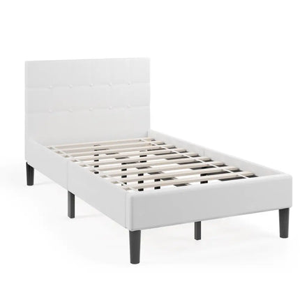 Platform Bed with Button Tufted Headboard-Beige - Beige - Simple Bed Frame