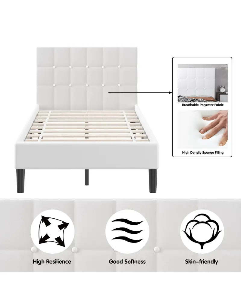 Platform Bed with Button Tufted Headboard-Beige - Beige - Simple Bed Frame