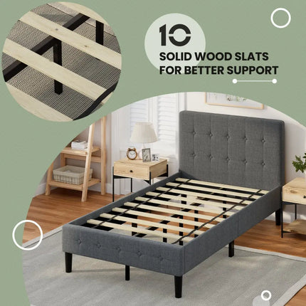 Platform Bed with Button Tufted Headboard-Gray - Gray - Simple Bed Frame
