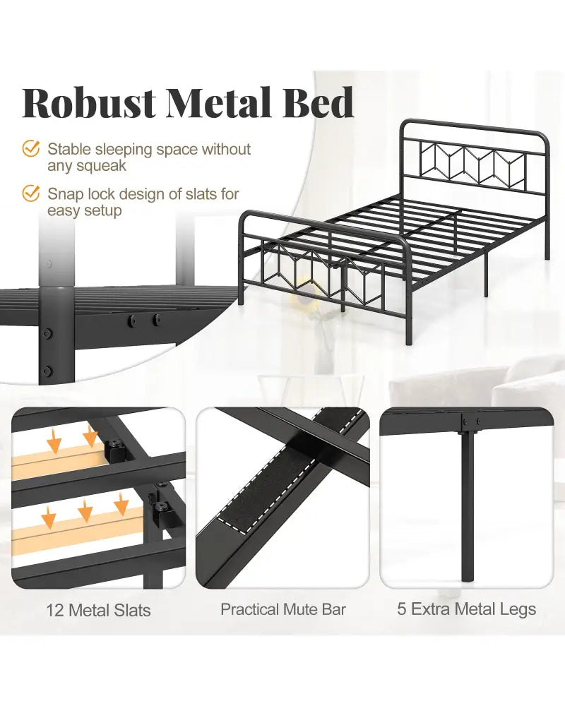 Platform Bed with High Headboard and Snap Lock Metal Slats-Full Size - Black - Simple Bed Frame