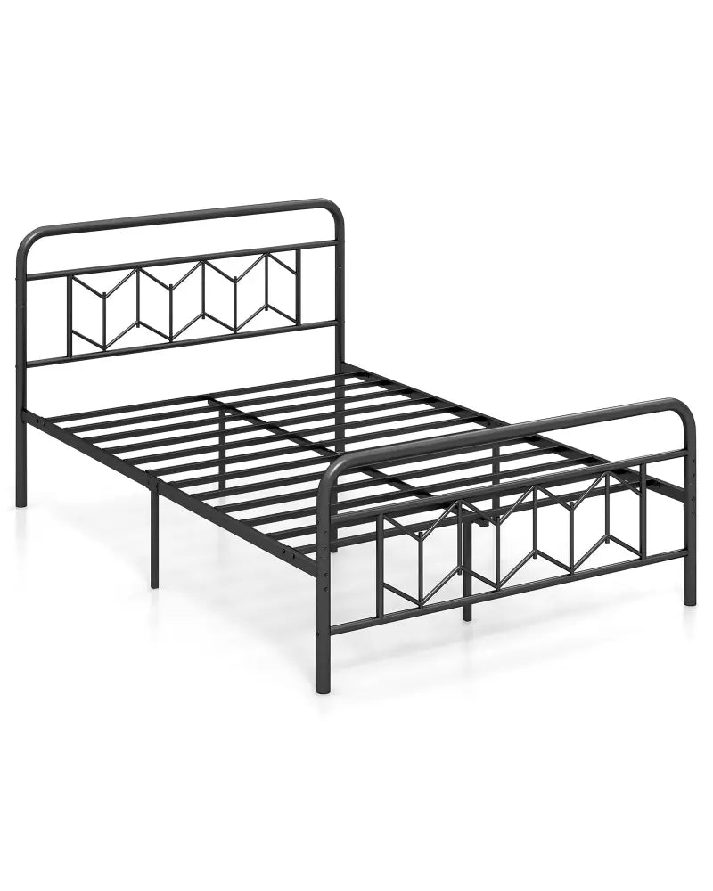 Platform Bed with High Headboard and Snap Lock Metal Slats-Full Size - Black - Simple Bed Frame