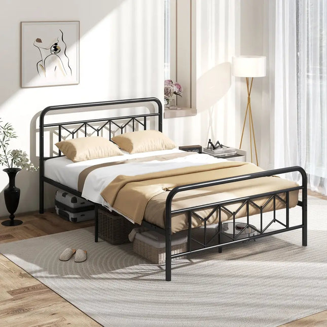 Platform Bed with High Headboard and Snap Lock Metal Slats-Full Size - Black - Simple Bed Frame