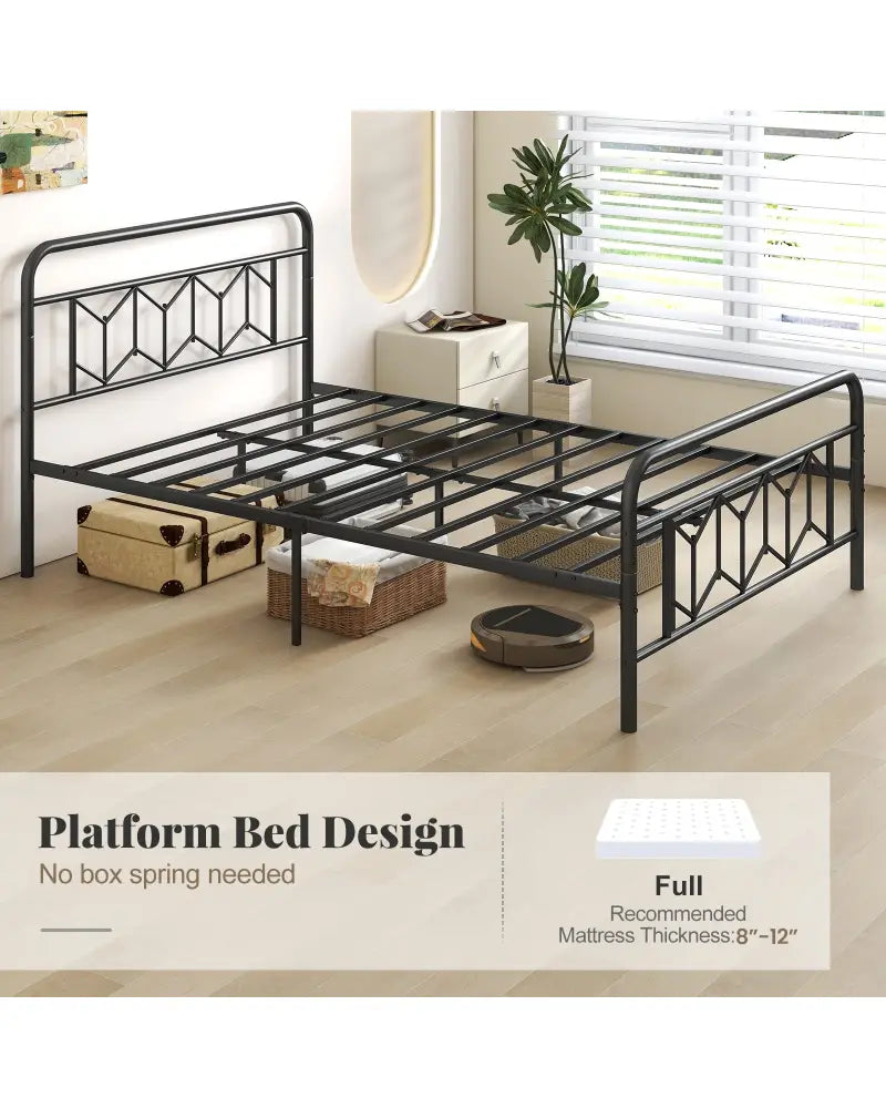 Platform Bed with High Headboard and Snap Lock Metal Slats-Full Size - Black - Simple Bed Frame