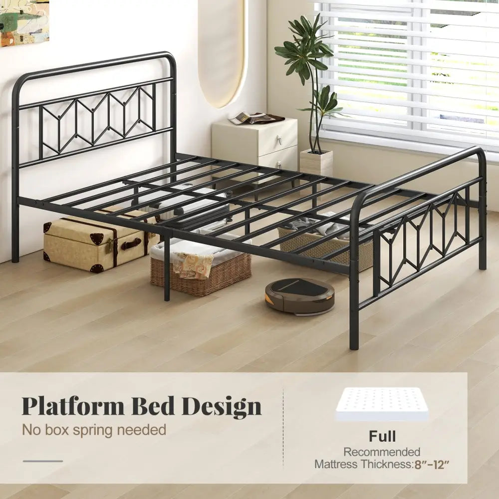 Platform Bed with High Headboard and Snap Lock Metal Slats-Full Size - Black - Simple Bed Frame
