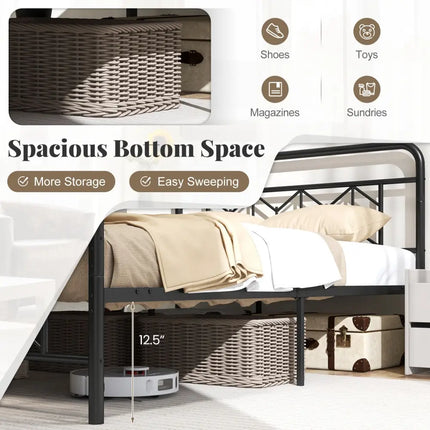 Platform Bed with High Headboard and Snap Lock Metal Slats-Full Size - Black - Simple Bed Frame