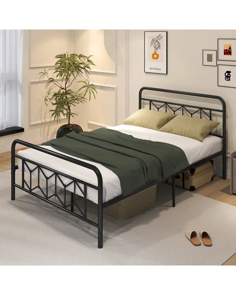 Platform Bed with High Headboard and Snap Lock Metal Slats-Full Size - Black - Simple Bed Frame