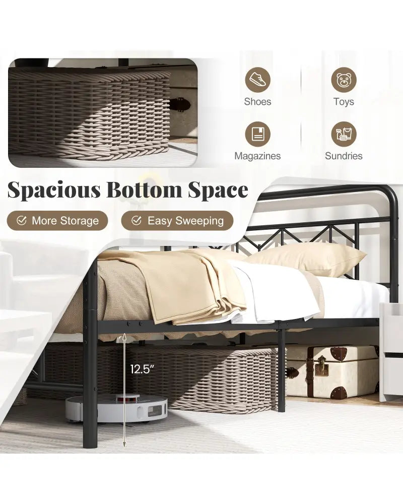 Platform Bed with High Headboard and Snap Lock Metal Slats-Full Size - Black - Simple Bed Frame