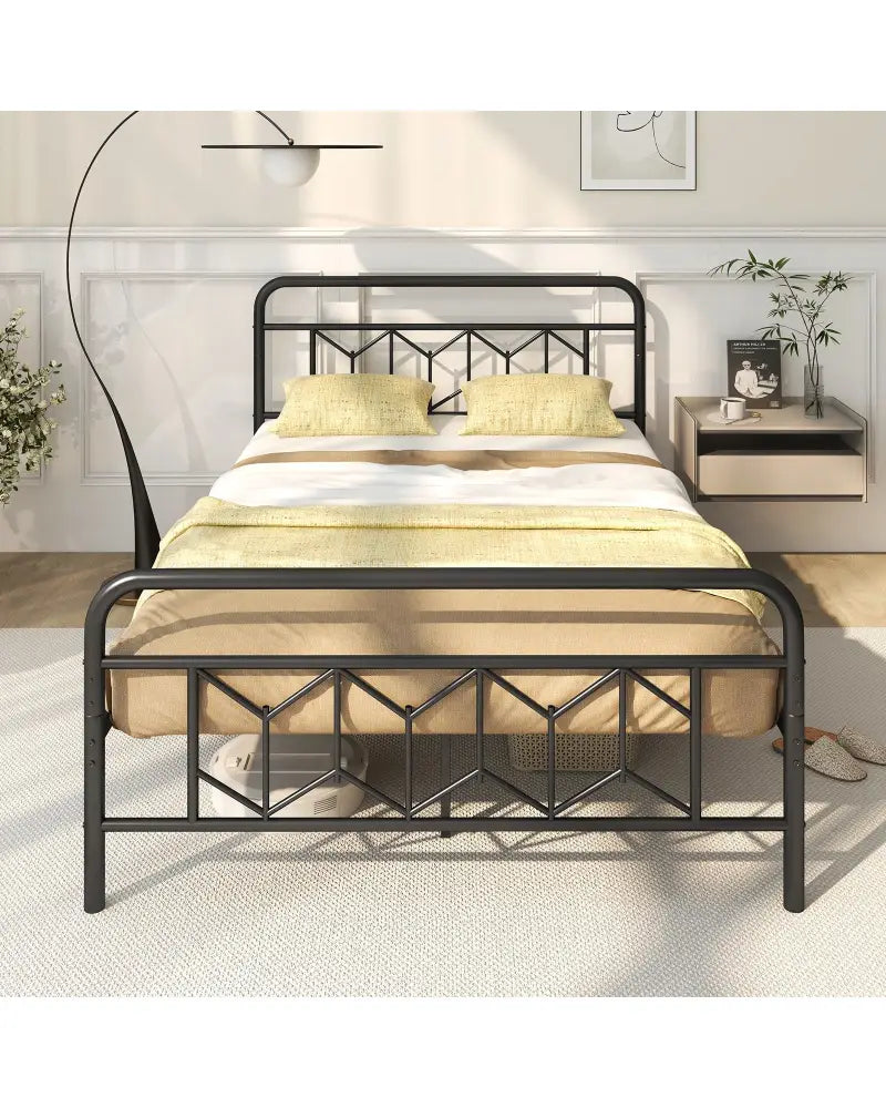 Platform Bed with High Headboard and Snap Lock Metal Slats-Full Size - Black - Simple Bed Frame