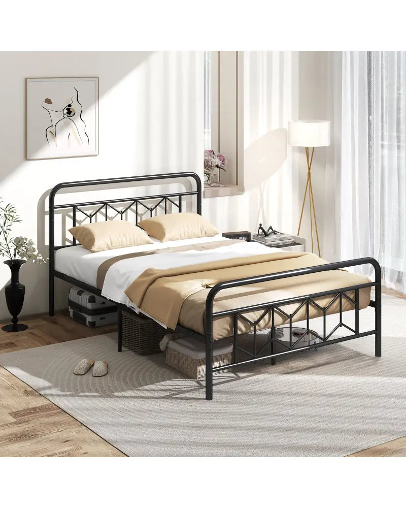 Platform Bed with High Headboard and Snap Lock Metal Slats-Full Size - Black - Simple Bed Frame