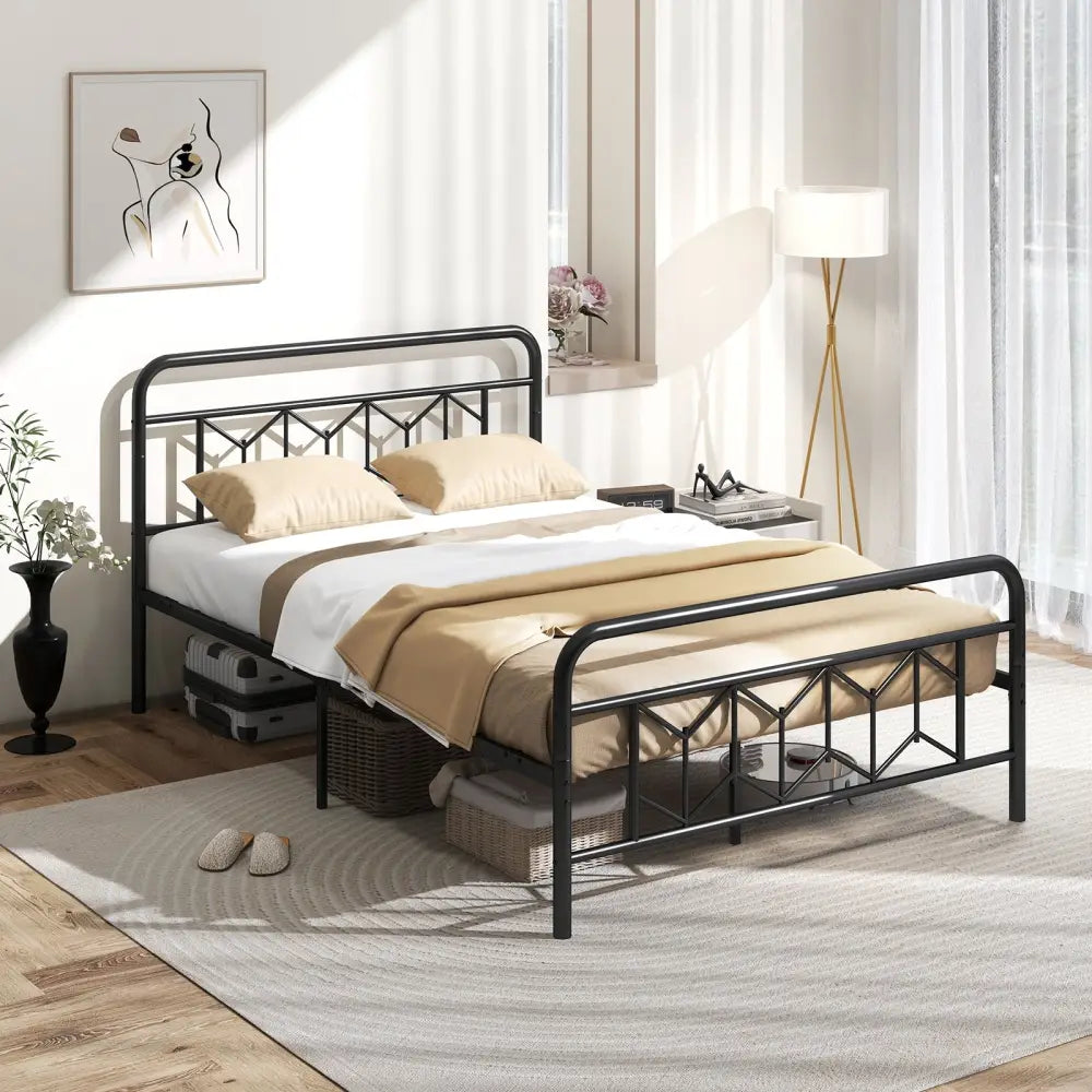 Platform Bed with High Headboard and Snap Lock Metal Slats-Full Size - Black - Simple Bed Frame
