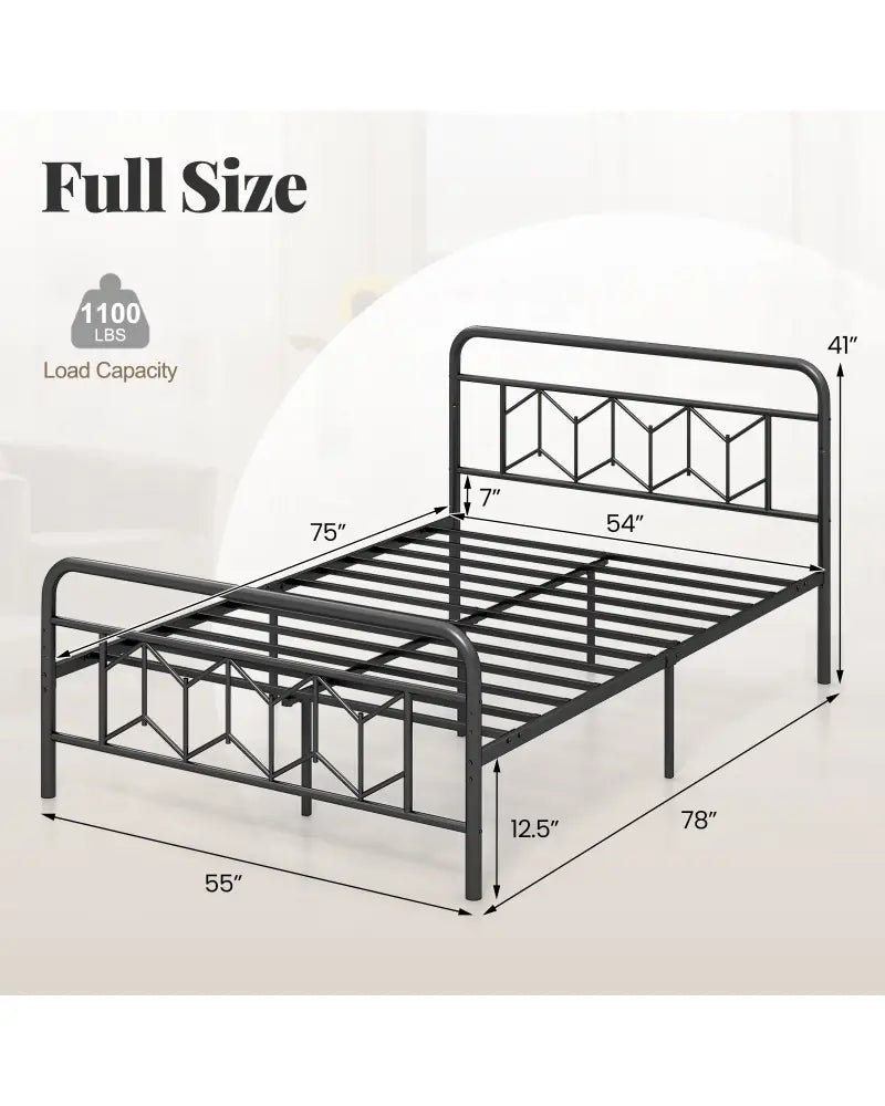 Platform Bed with High Headboard and Snap Lock Metal Slats-Full Size - Black - Simple Bed Frame