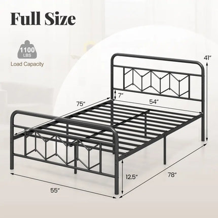 Platform Bed with High Headboard and Snap Lock Metal Slats-Full Size - Black - Simple Bed Frame