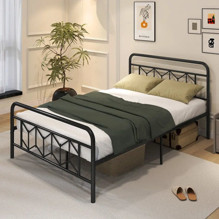 Platform Bed with High Headboard and Snap Lock Metal Slats-Full Size - Black - Simple Bed Frame