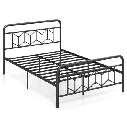 Platform Bed with High Headboard and Snap Lock Metal Slats-Full Size - Black - Simple Bed Frame