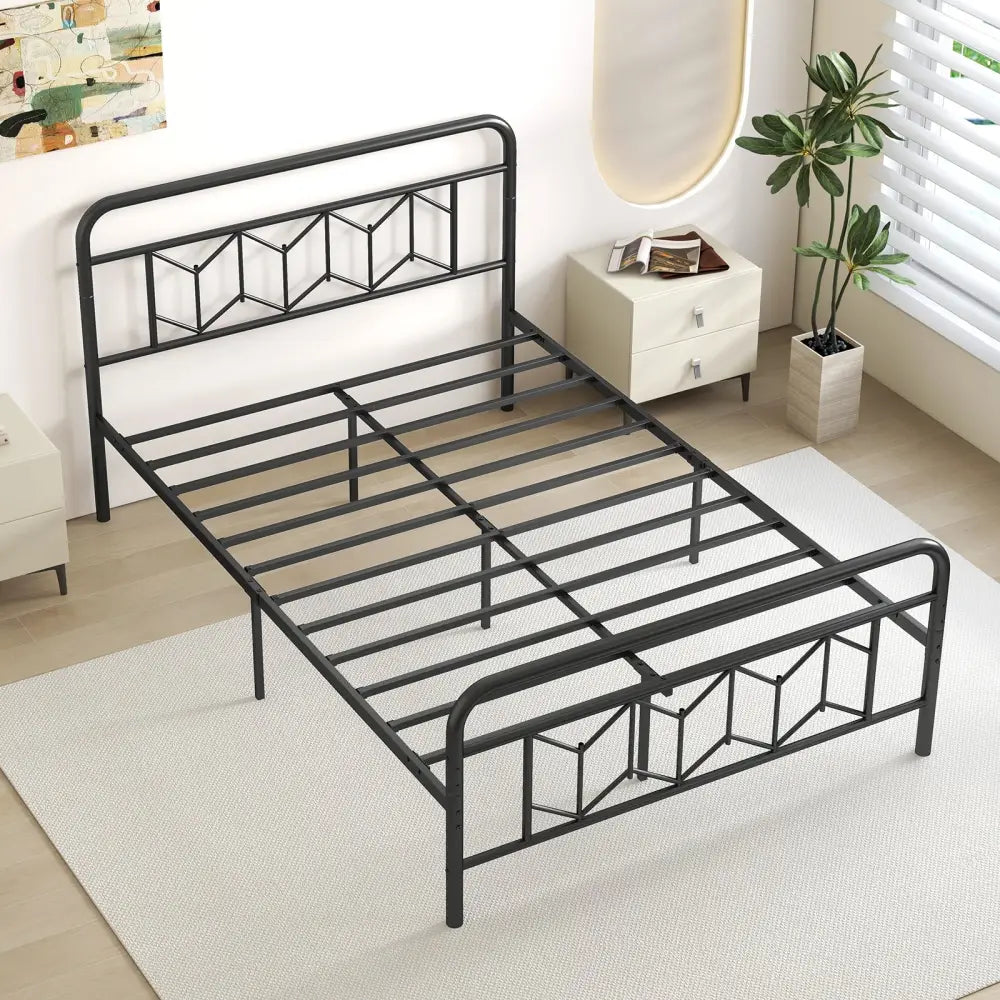Platform Bed with High Headboard and Snap Lock Metal Slats-Full Size - Black - Simple Bed Frame